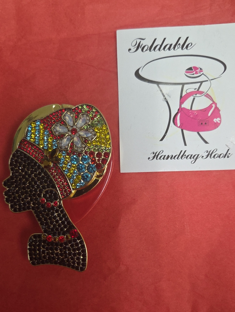 Foldable Handbag Hook African Queen Silhouette with Multicolor Rhinestones